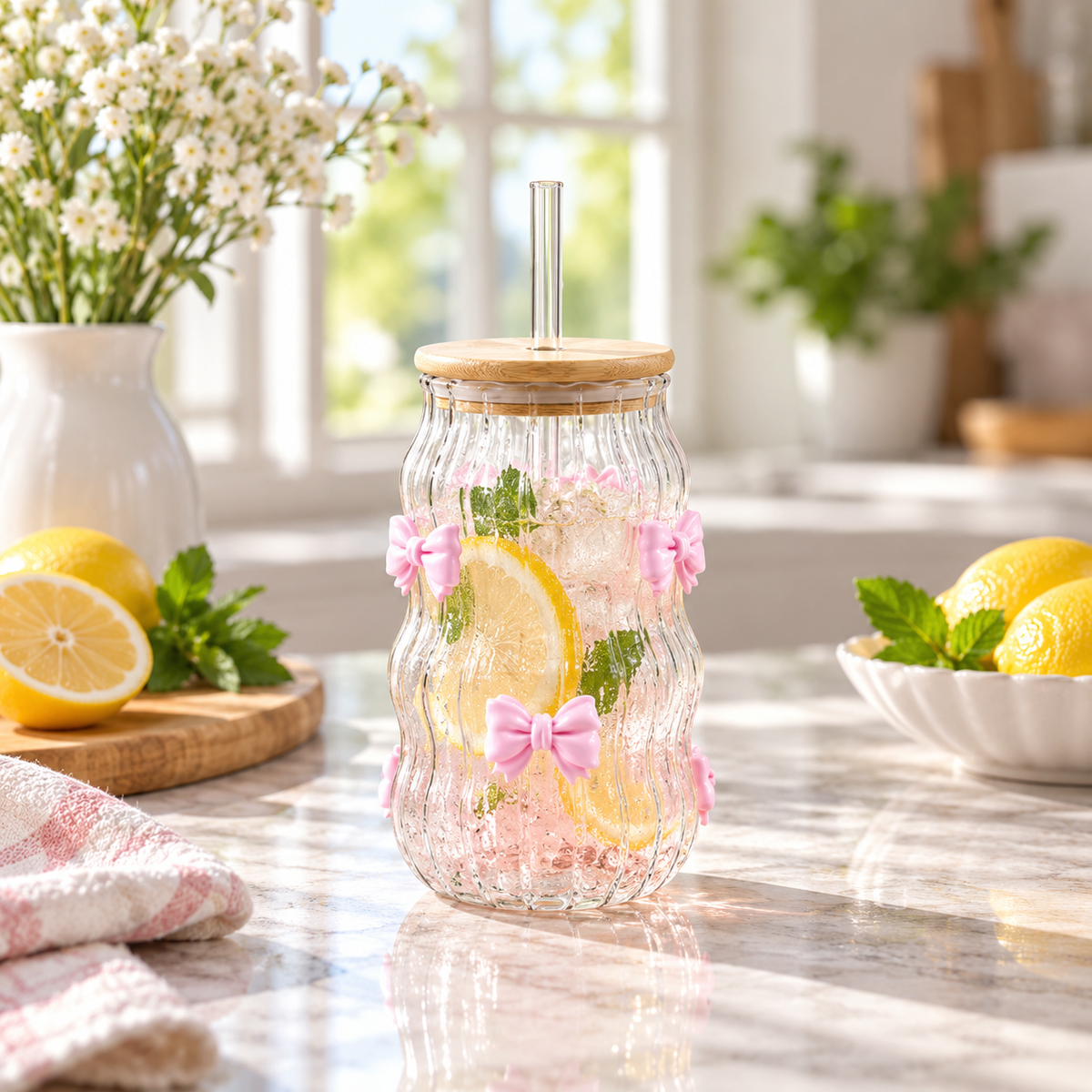 420ml 3D Bow Ribbed Glass Sipper with Bamboo Lid