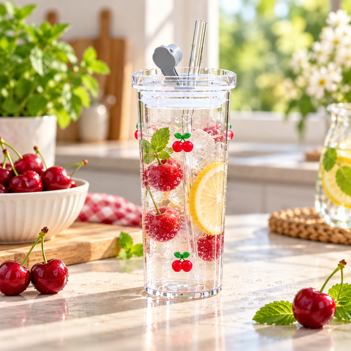 320ml 3D Cherry Glass Sipper with Leak-Resistant Lid