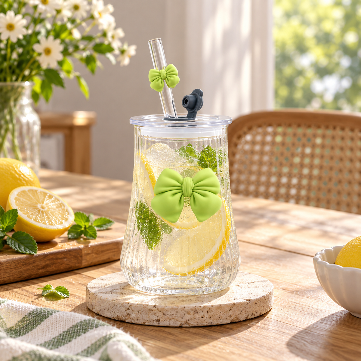 320ml Curved Glass Sipper with 3D Bow & Straw