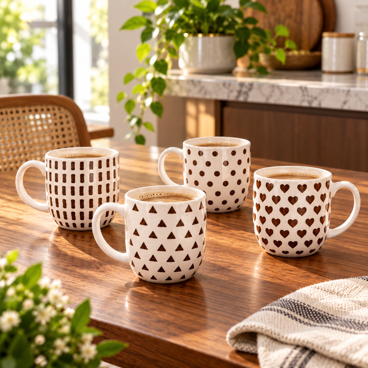4-Piece Geometric and Heart Ceramic Coffee Mug Set