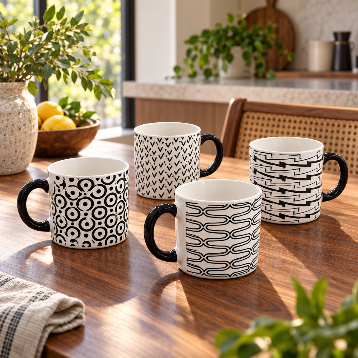 4-Piece Graphic Pattern Ceramic Coffee Mug Set