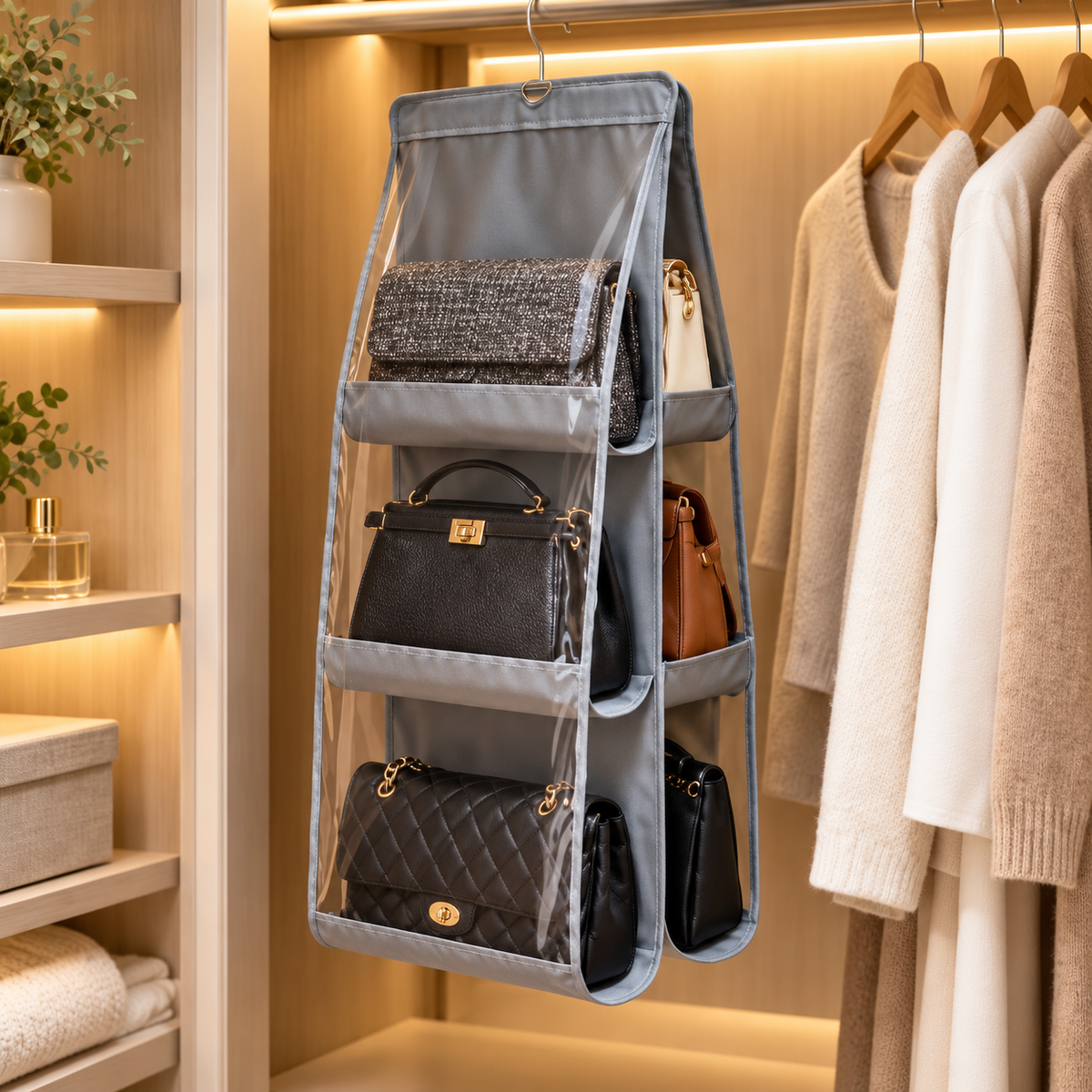 3-Tier Hanging Handbag Organizer with Clear Pockets
