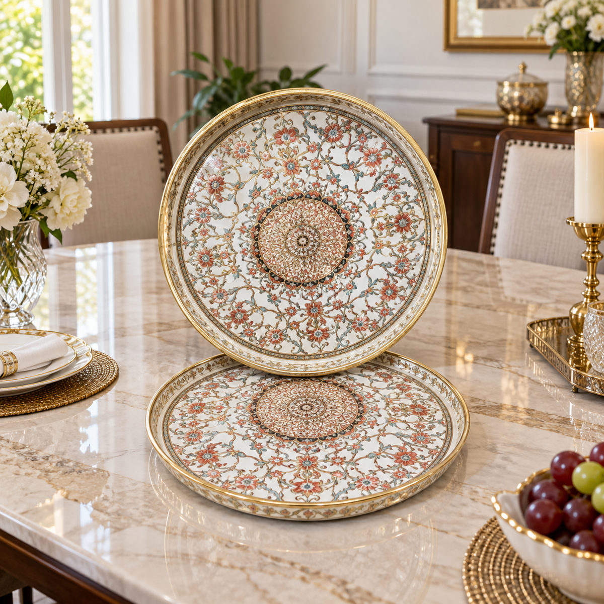 Luxury Ornate Round Serving Tray Set – 2 Pieces