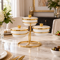 Luxury 3-Piece Porcelain Condiment Serving Set with Gold Stand