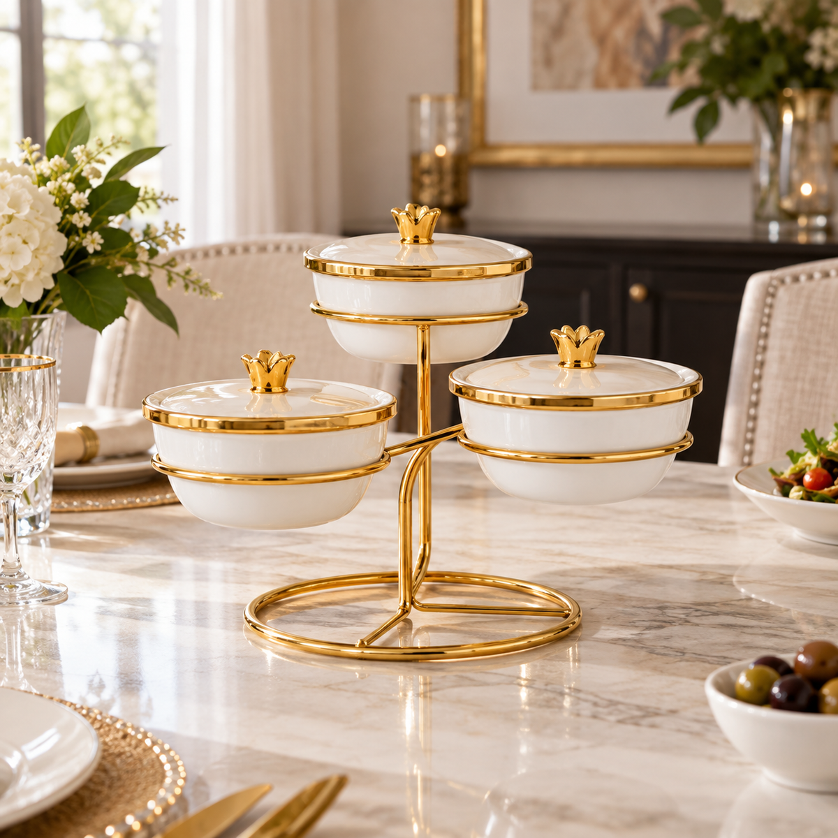 Luxury 3-Piece Porcelain Condiment Serving Set with Gold Stand