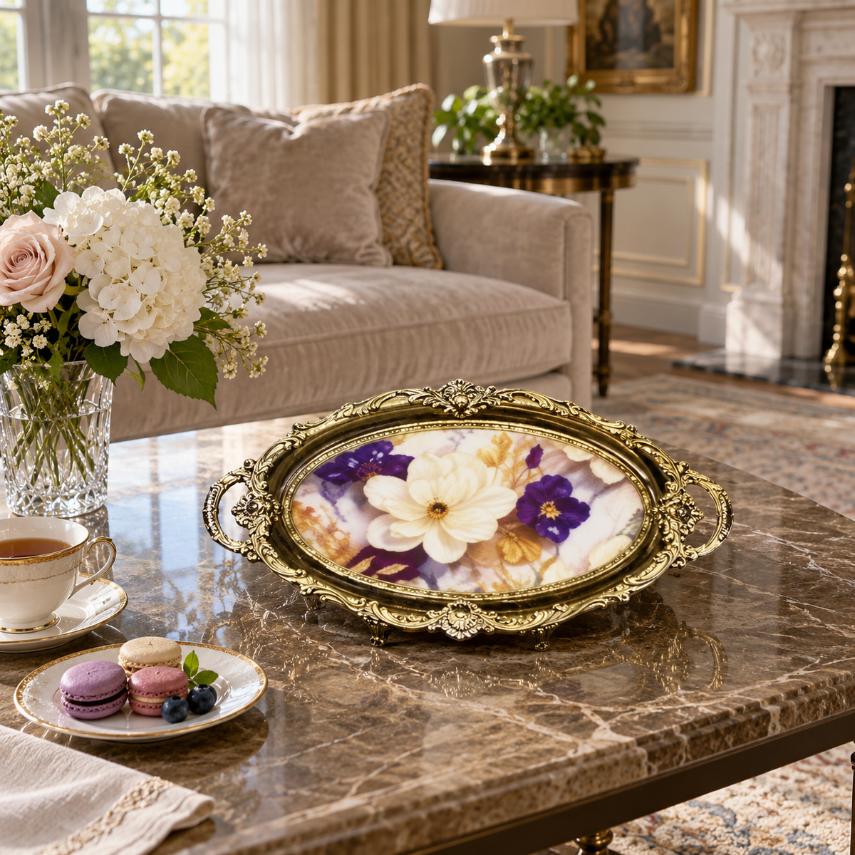 Ornate Purple Floral Oval Serving Tray with Handles