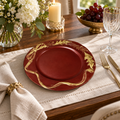 Luxury Red & Gold Decorative Charger Plate – Leaf Design Dinner Plate