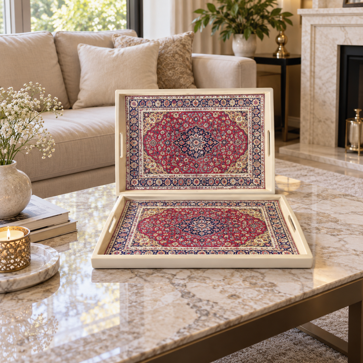 2-Piece Red Medallion Decorative Serving Tray Set