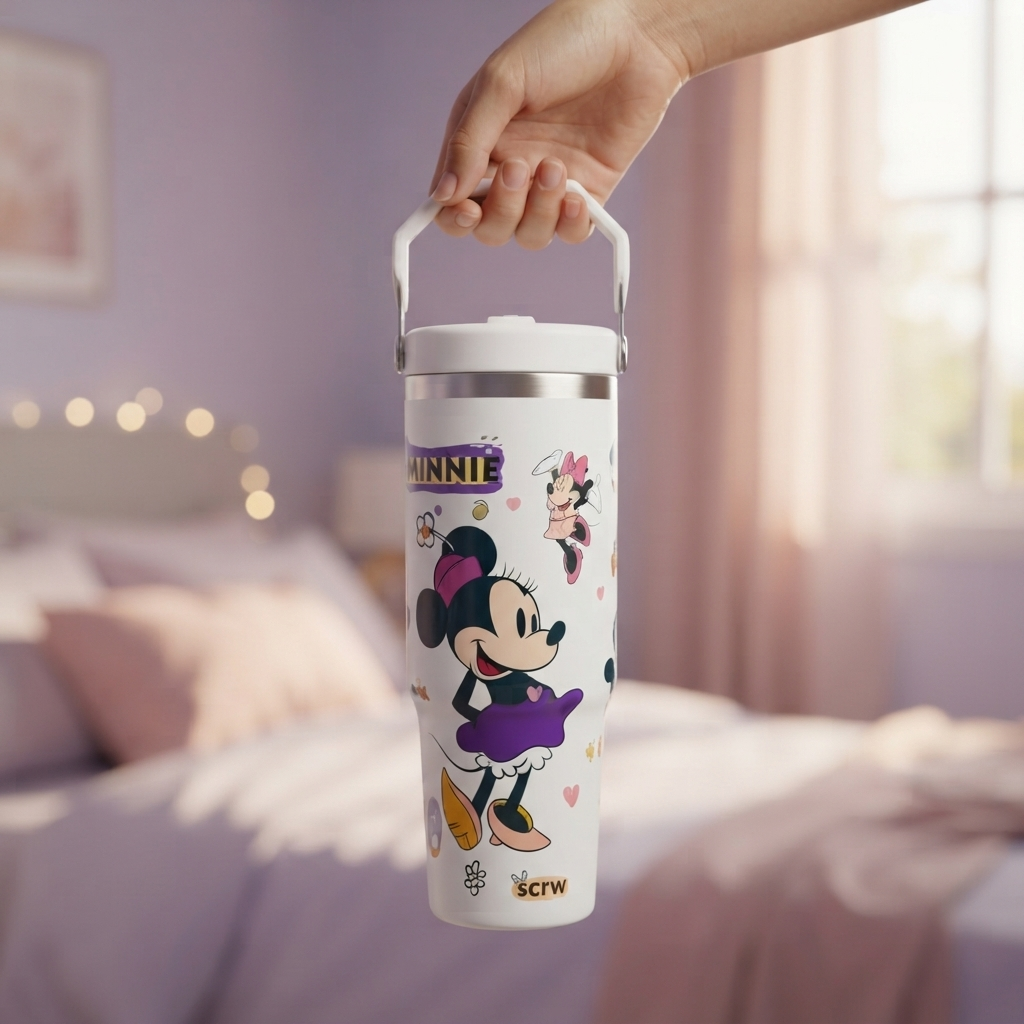 Cartoon Mickey Mouse Print Stainless Steel Tumbler with Straw & Handle - 30oz
