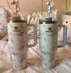 Pink Bow & Floral Tumbler with Handle, Straw & Gift Box | Insulated Stainless Steel (Limited Edition)