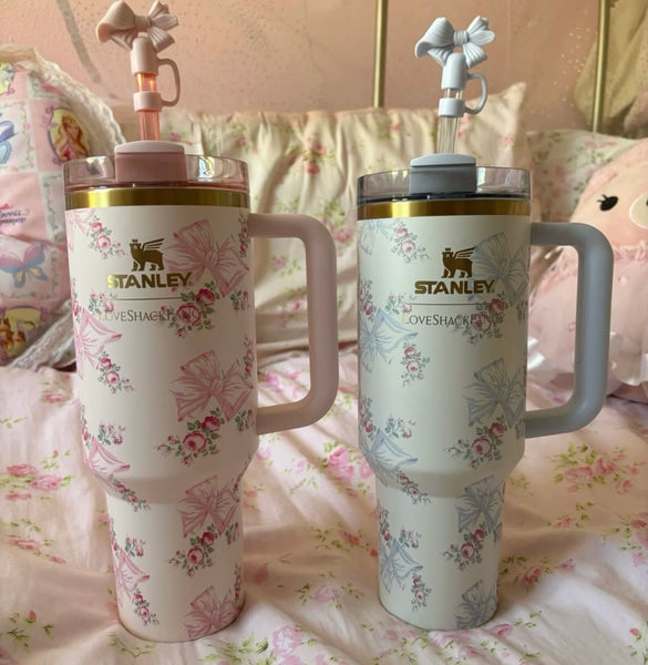 Pink Bow & Floral Tumbler with Handle, Straw & Gift Box | Insulated Stainless Steel (Limited Edition)