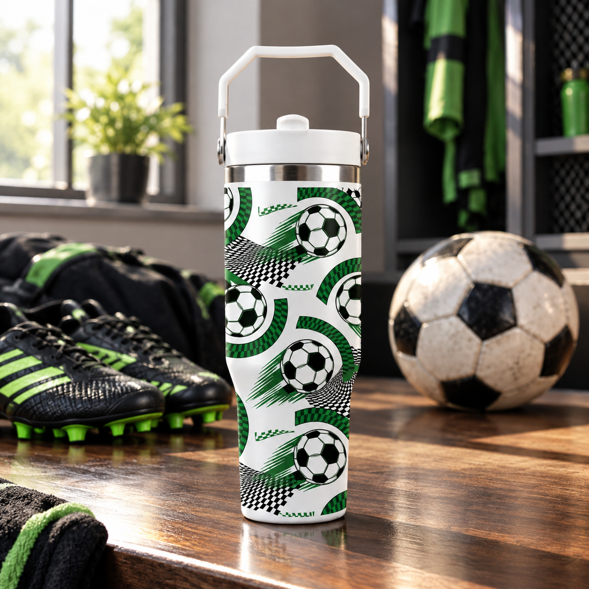 Football Goal Print Stainless Steel Tumbler with Straw & Handle - 30oz
