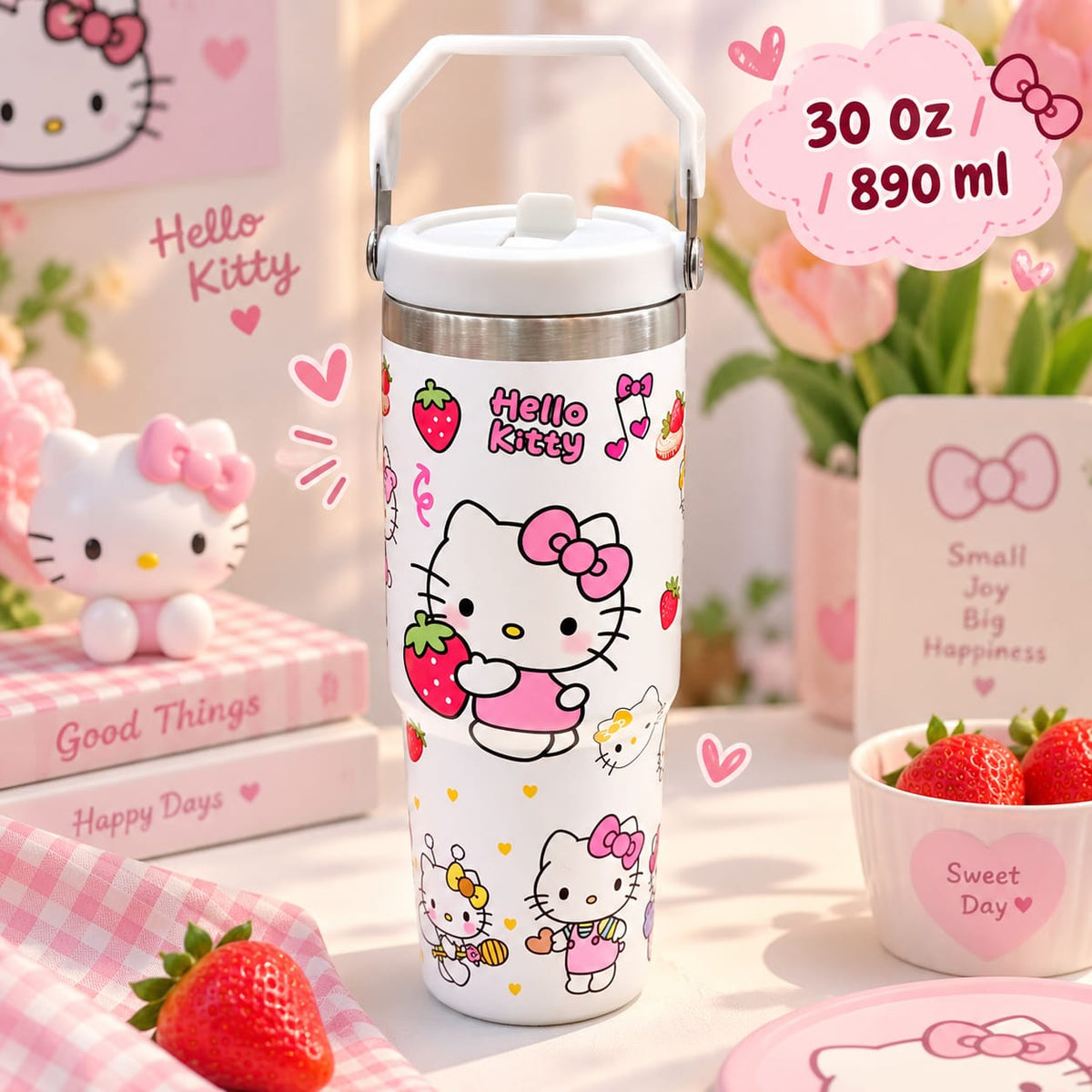 Cute Kitty Print Stainless Steel Tumbler with Straw & Handle - 30oz