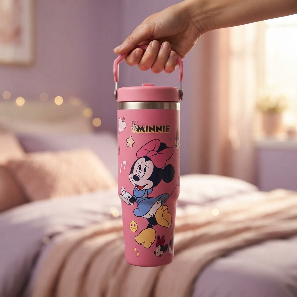 Cartoon Mickey Mouse Print Stainless Steel Tumbler with Straw & Handle - 30oz