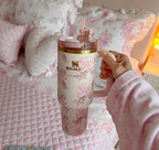 Pink Bow & Floral Tumbler with Handle, Straw & Gift Box | Insulated Stainless Steel (Limited Edition)