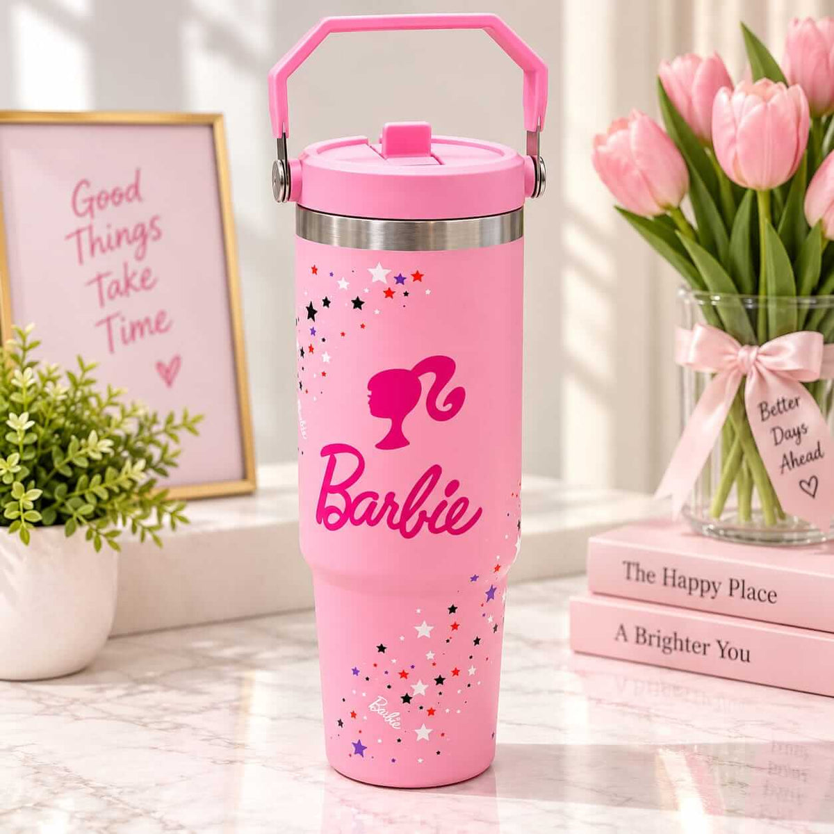 Glam Star Print Stainless Steel Tumbler with Straw & Handle - 30oz