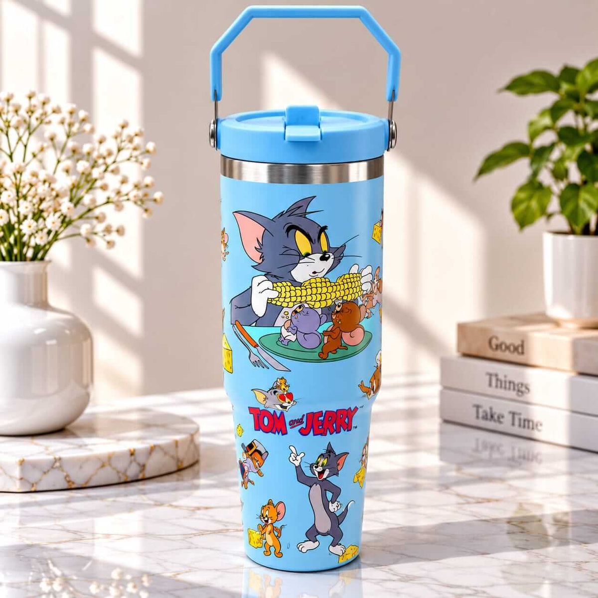 Tom and Jerry Print Stainless Steel Tumbler with Straw & Handle - 30oz