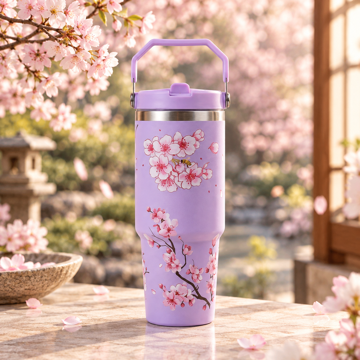 Cherry Blossom Floral Print Stainless Steel Tumbler with Straw & Handle - 30oz