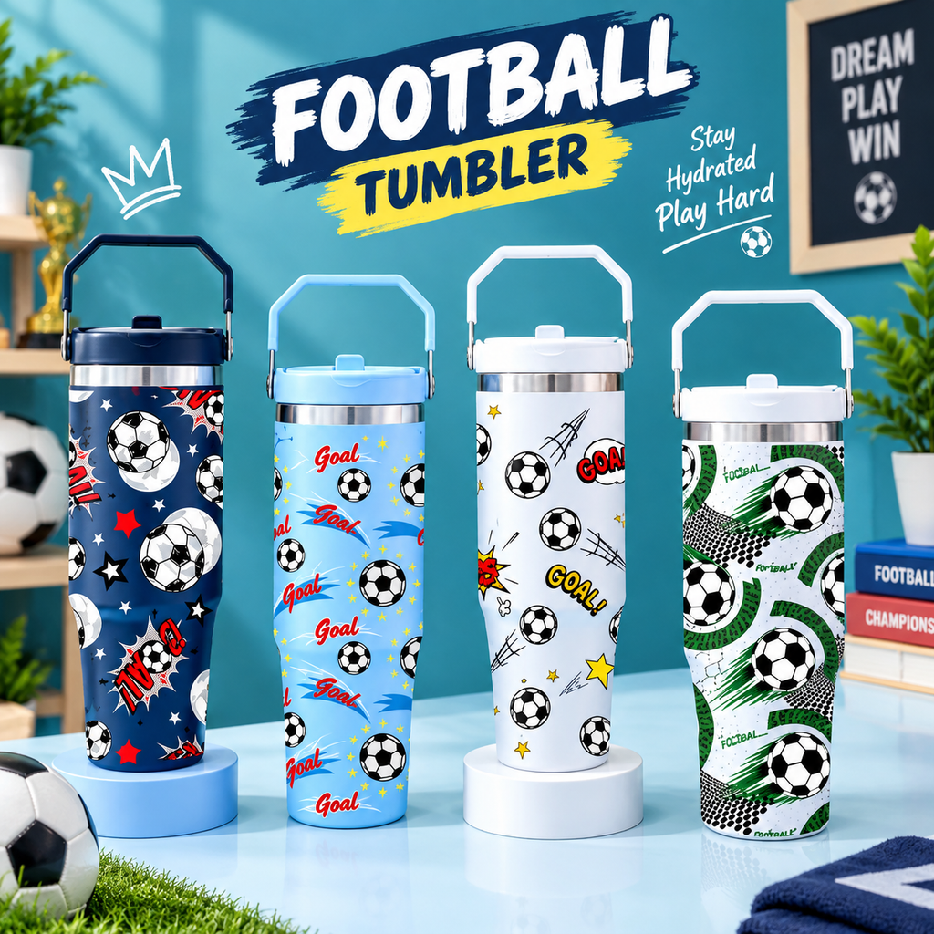 Football Goal Print Stainless Steel Tumbler with Straw & Handle - 30oz