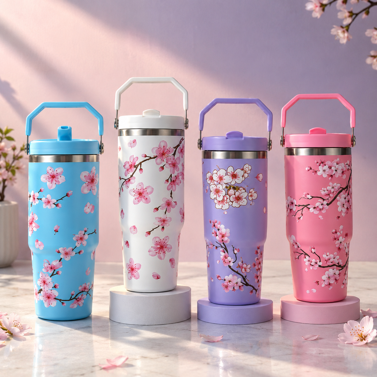 Cherry Blossom Floral Print Stainless Steel Tumbler with Straw & Handle - 30oz