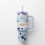 Floral Stanley Style Quencher Tumbler 40oz – Blue Lavender Stainless Steel Travel Mug with Handle
