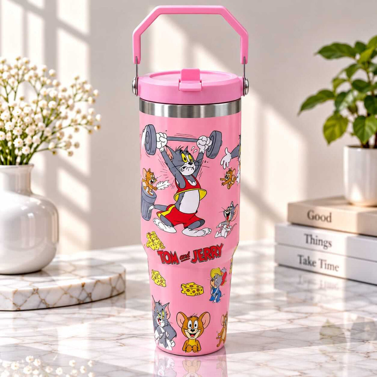 Tom and Jerry Print Stainless Steel Tumbler with Straw & Handle - 30oz