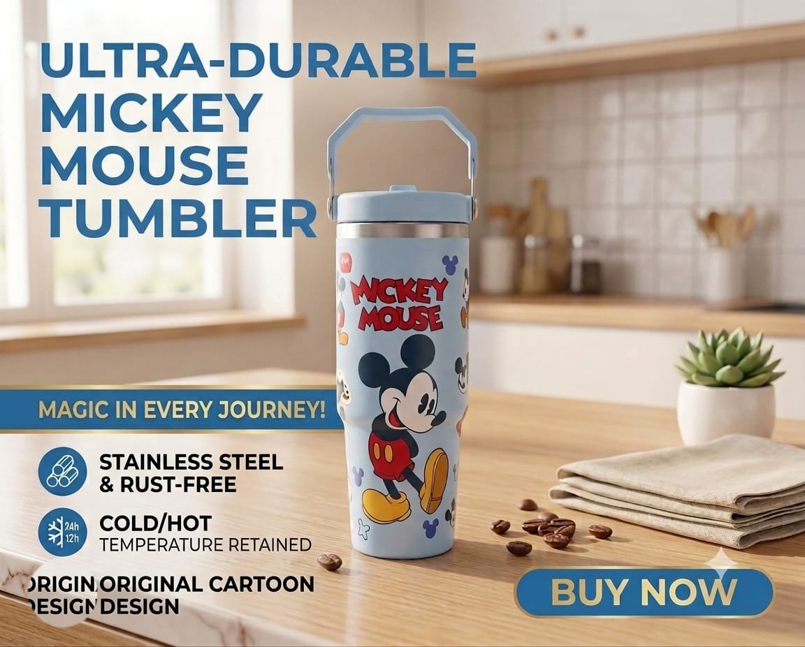 Cartoon Mickey Mouse Print Stainless Steel Tumbler with Straw & Handle - 30oz