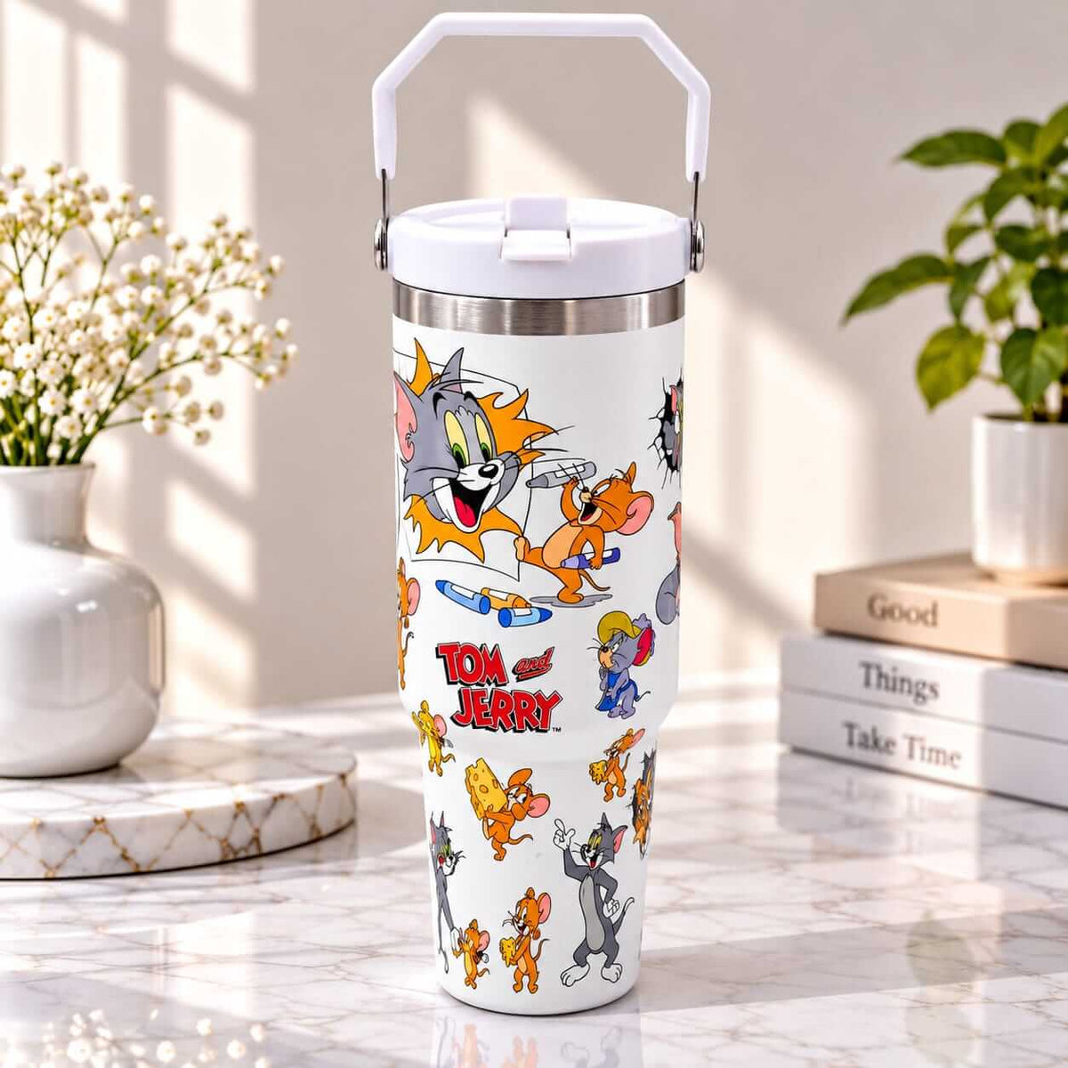 Tom and Jerry Print Stainless Steel Tumbler with Straw & Handle - 30oz