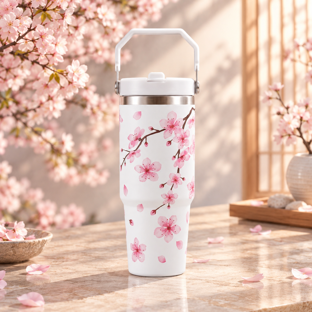 Cherry Blossom Floral Print Stainless Steel Tumbler with Straw & Handle - 30oz