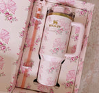 Pink Bow & Floral Tumbler with Handle, Straw & Gift Box | Insulated Stainless Steel (Limited Edition)