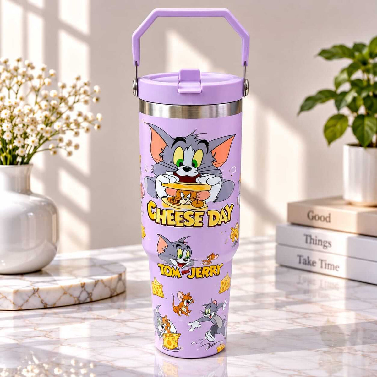 Tom and Jerry Print Stainless Steel Tumbler with Straw & Handle - 30oz