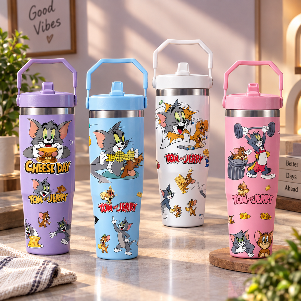 Tom and Jerry Print Stainless Steel Tumbler with Straw & Handle - 30oz