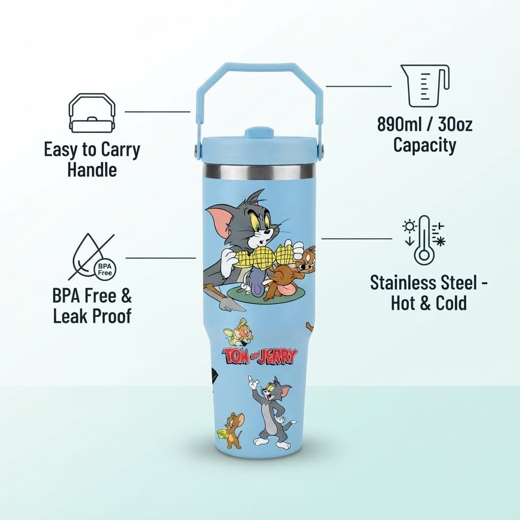 Tom and Jerry Print Stainless Steel Tumbler with Straw & Handle - 30oz