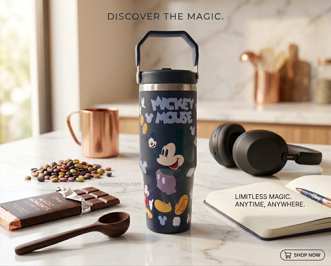 Cartoon Mickey Mouse Print Stainless Steel Tumbler with Straw & Handle - 30oz
