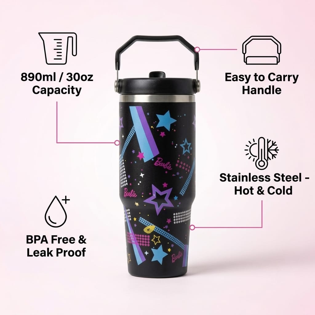 Glam Star Print Stainless Steel Tumbler with Straw & Handle - 30oz