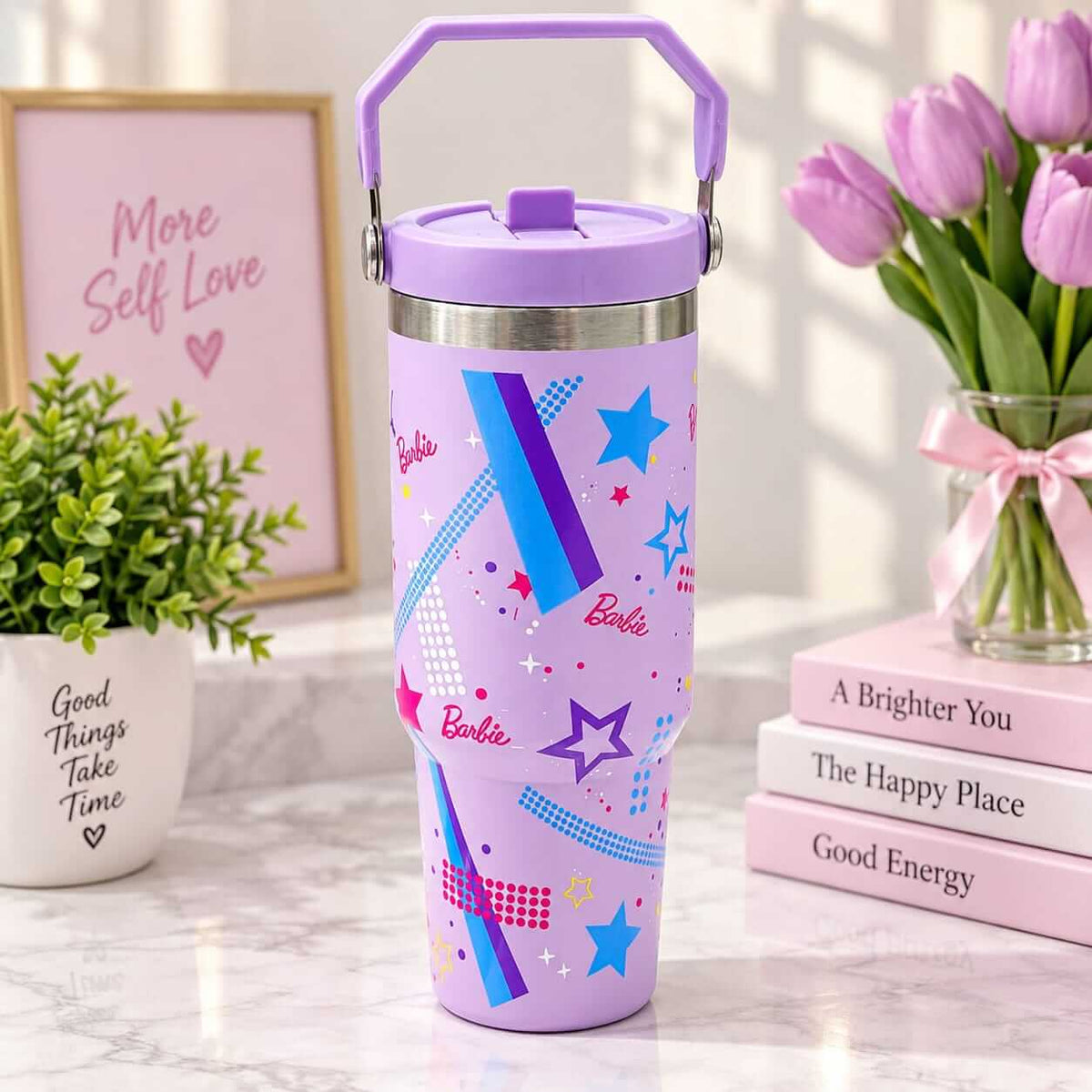 Glam Star Print Stainless Steel Tumbler with Straw & Handle - 30oz