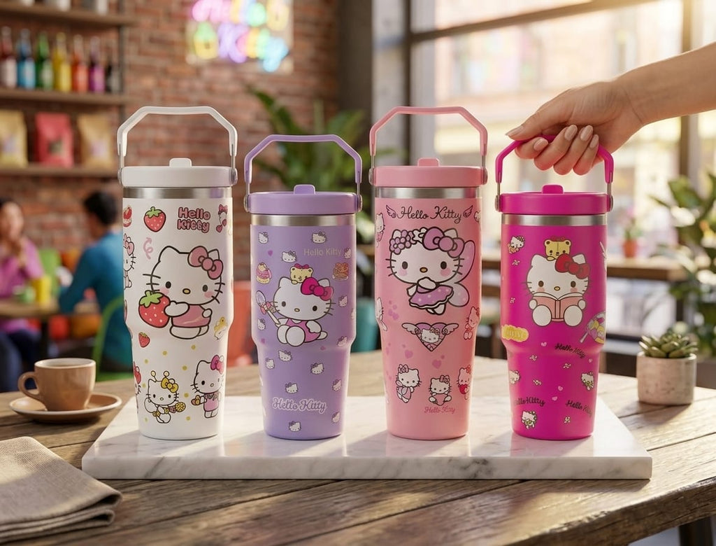 Cute Kitty Print Stainless Steel Tumbler with Straw & Handle - 30oz