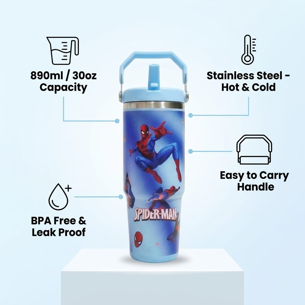Superhero Print Stainless Steel Tumbler with Straw & Handle - 30oz