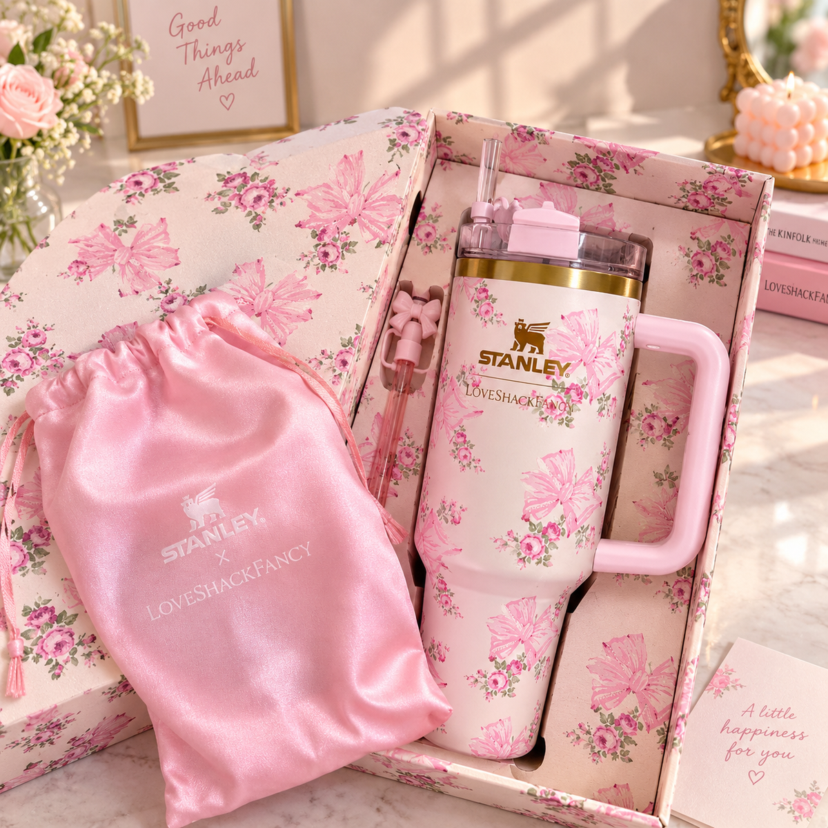 Pink Bow & Floral Tumbler with Handle, Straw & Gift Box | Insulated Stainless Steel (Limited Edition)