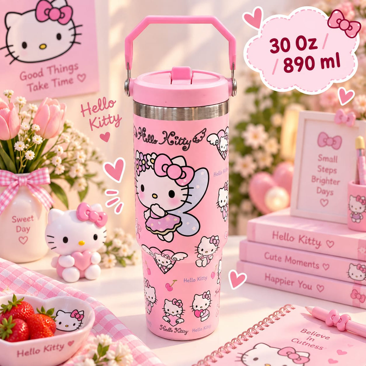 Cute Kitty Print Stainless Steel Tumbler with Straw & Handle - 30oz