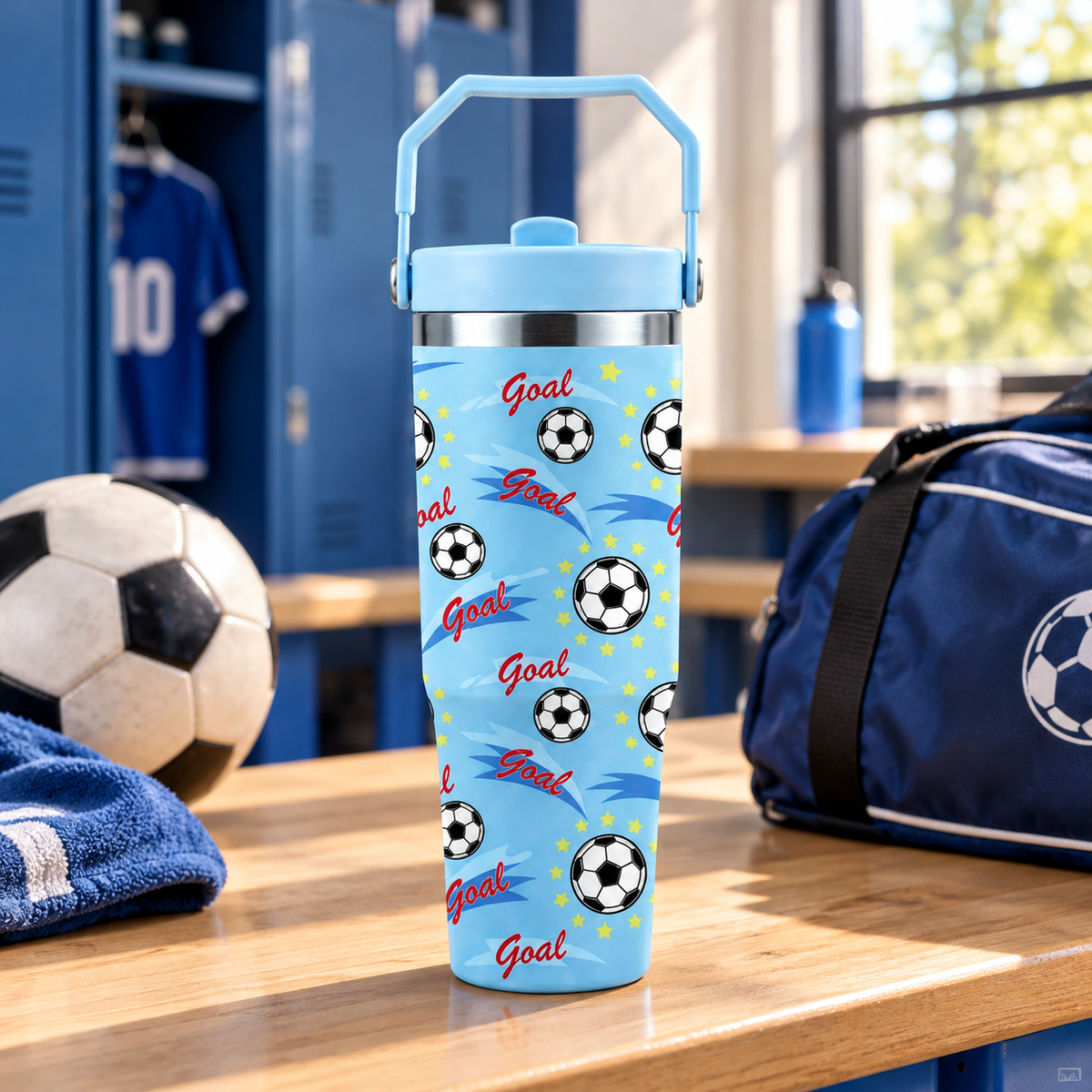 Football Goal Print Stainless Steel Tumbler with Straw & Handle - 30oz