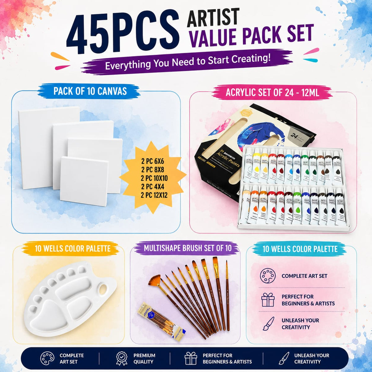 45 PCS Artist Value Pack Set | Complete Acrylic Painting Kit with Canvases, 24 Acrylic Paints, Brushes & Palette