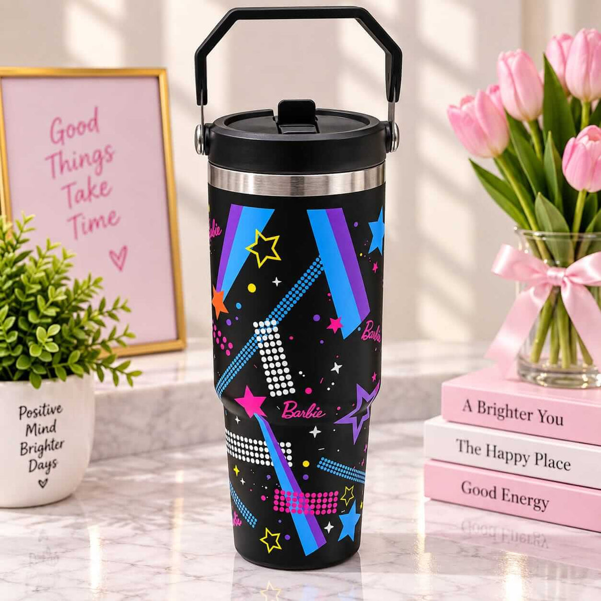 Glam Star Print Stainless Steel Tumbler with Straw & Handle - 30oz