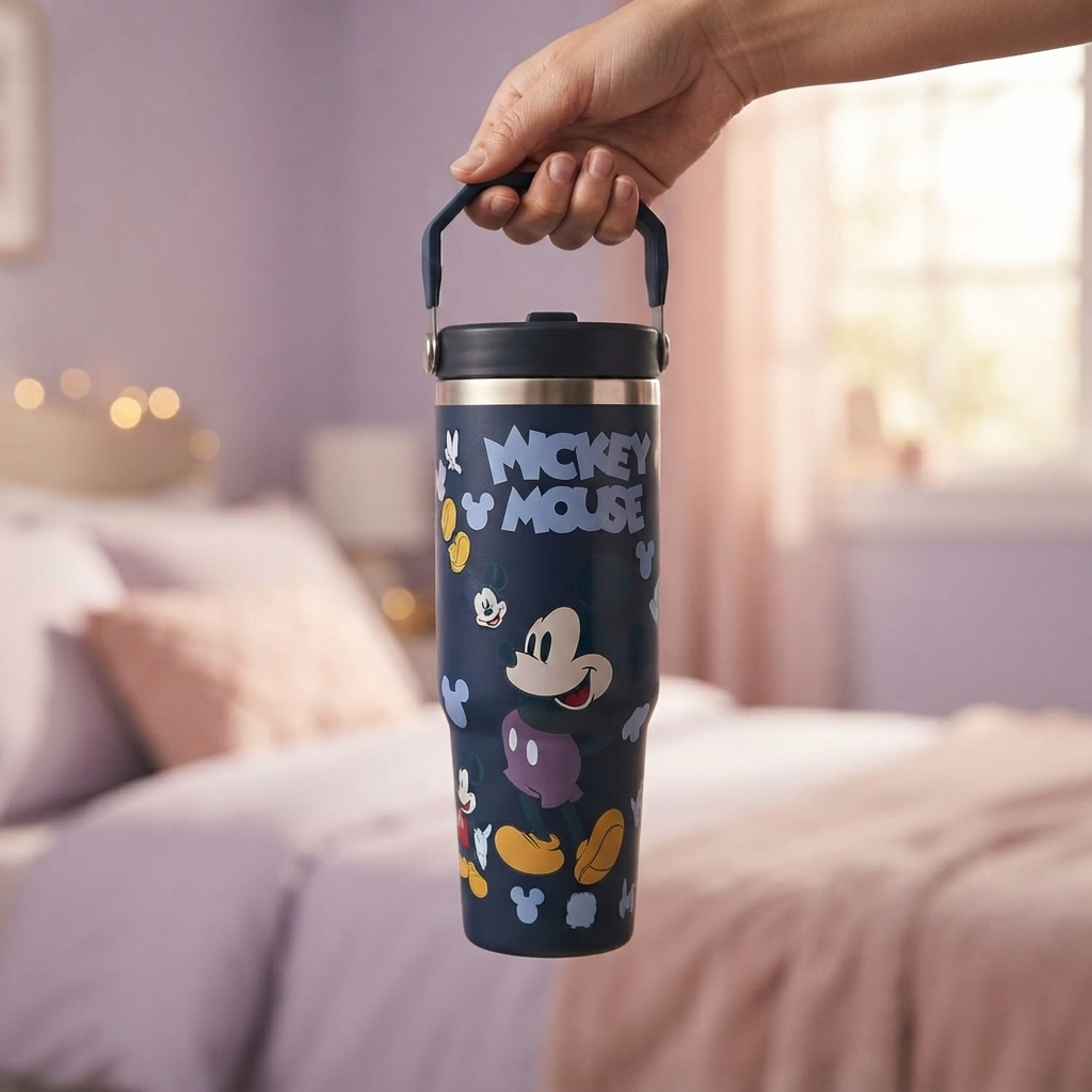 Cartoon Mickey Mouse Print Stainless Steel Tumbler with Straw & Handle - 30oz