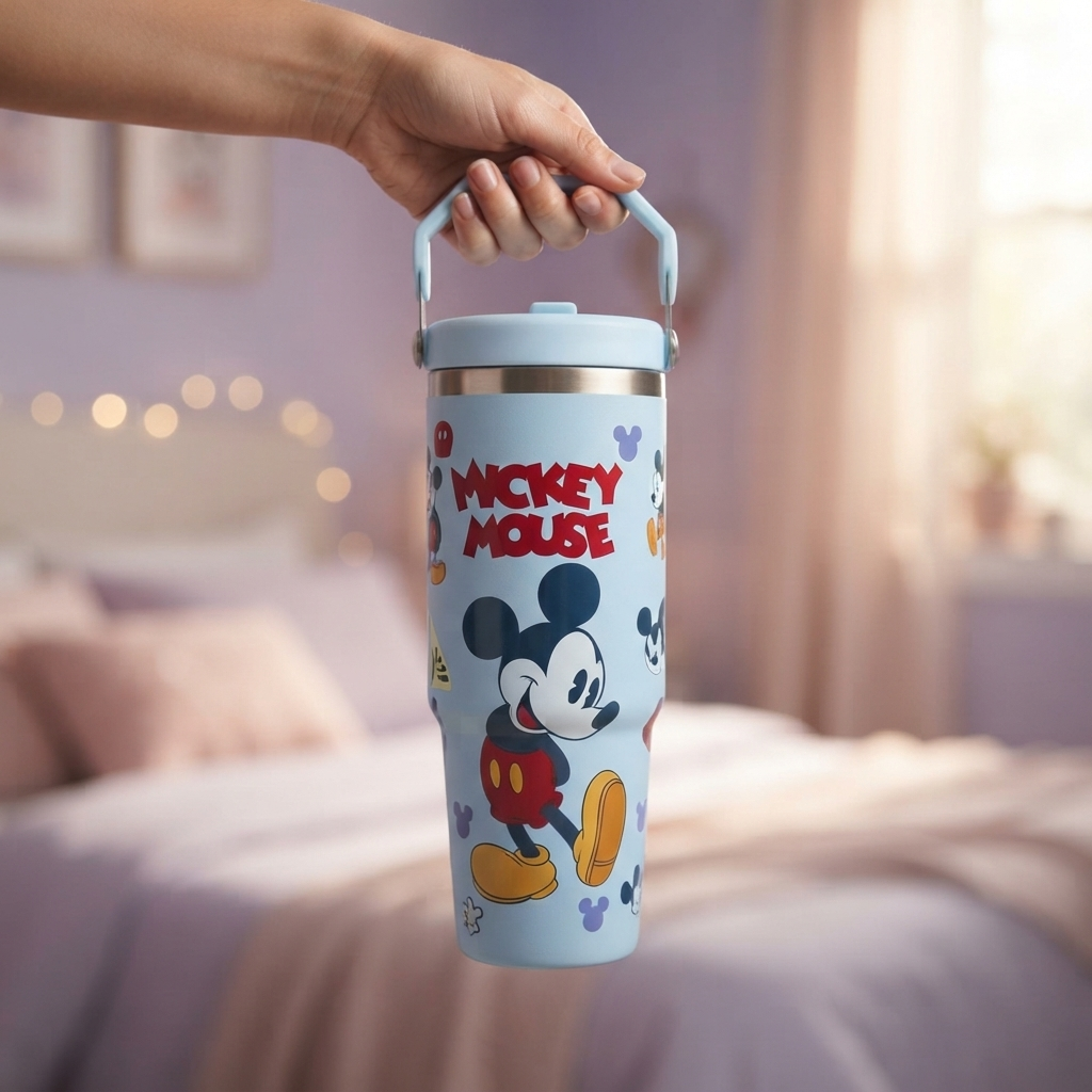 Cartoon Mickey Mouse Print Stainless Steel Tumbler with Straw & Handle - 30oz