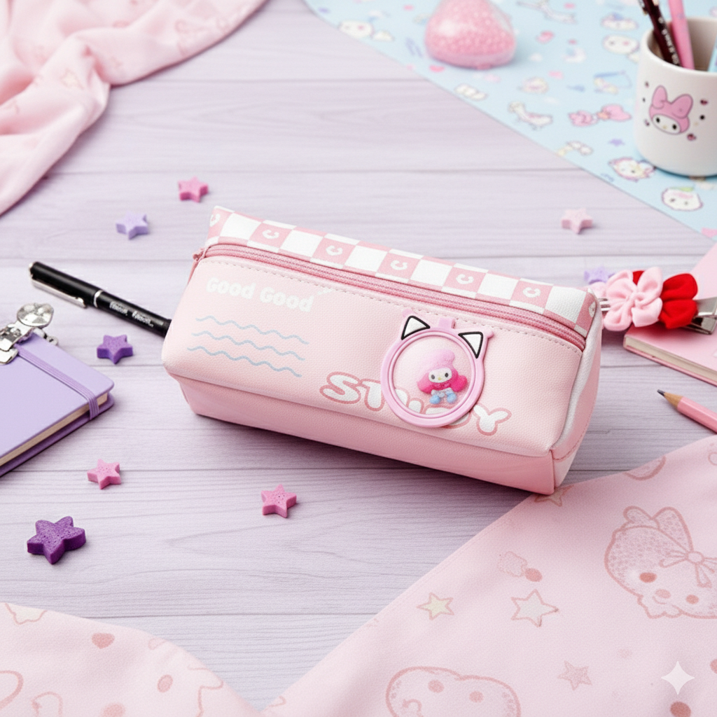 Kawaii Sanrio-Themed Aesthetic Pencil Pouch – Large Capacity School Stationery Organizer for Girls (Pink, Blue, Purple)