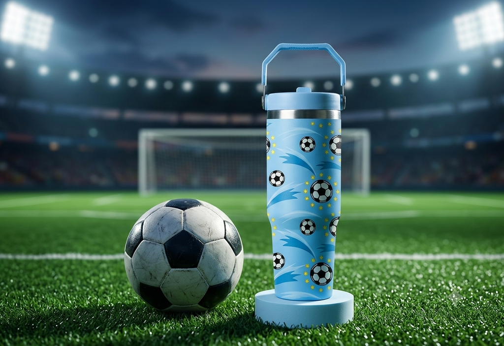 Football Goal Print Stainless Steel Tumbler with Straw & Handle - 30oz