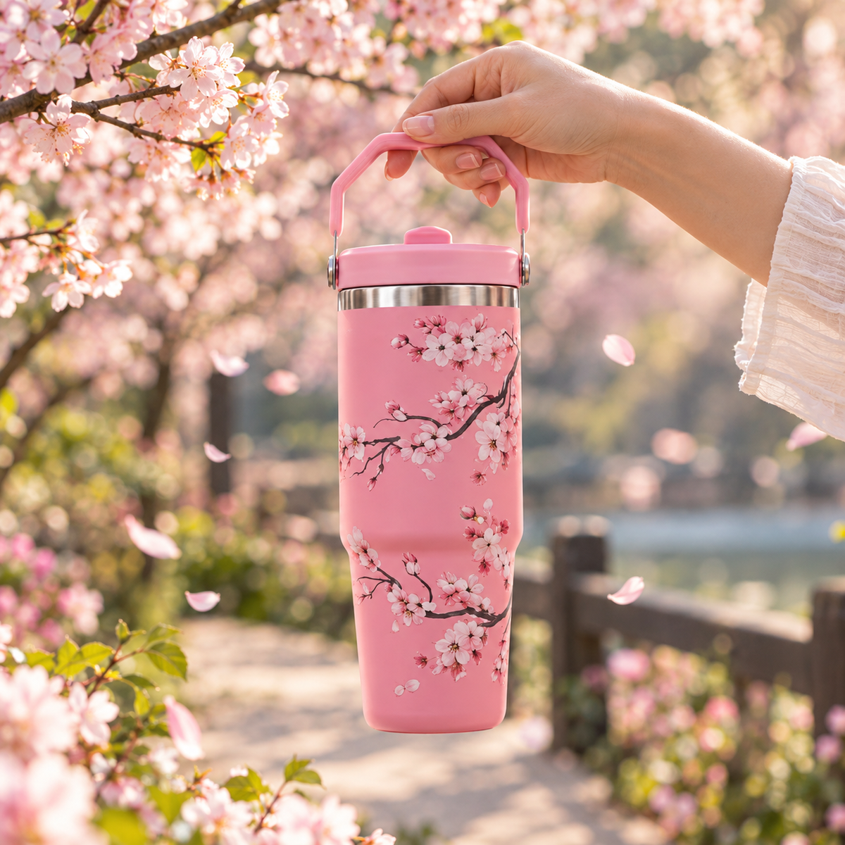 Cherry Blossom Floral Print Stainless Steel Tumbler with Straw & Handle - 30oz