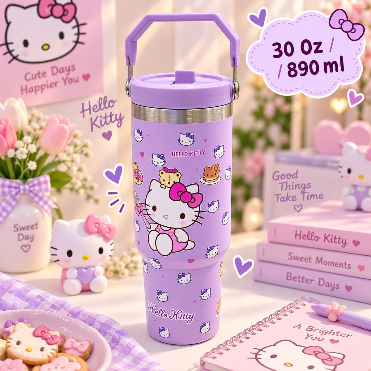 Cute Kitty Print Stainless Steel Tumbler with Straw & Handle - 30oz