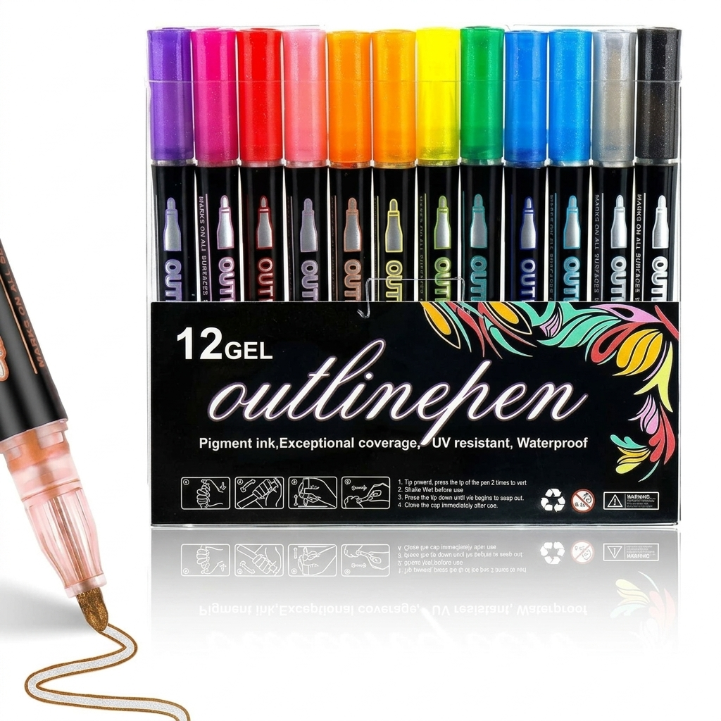 Double Line Metallic Shimmer Markers – 12 Self-Outline Pens for Art & Crafts!